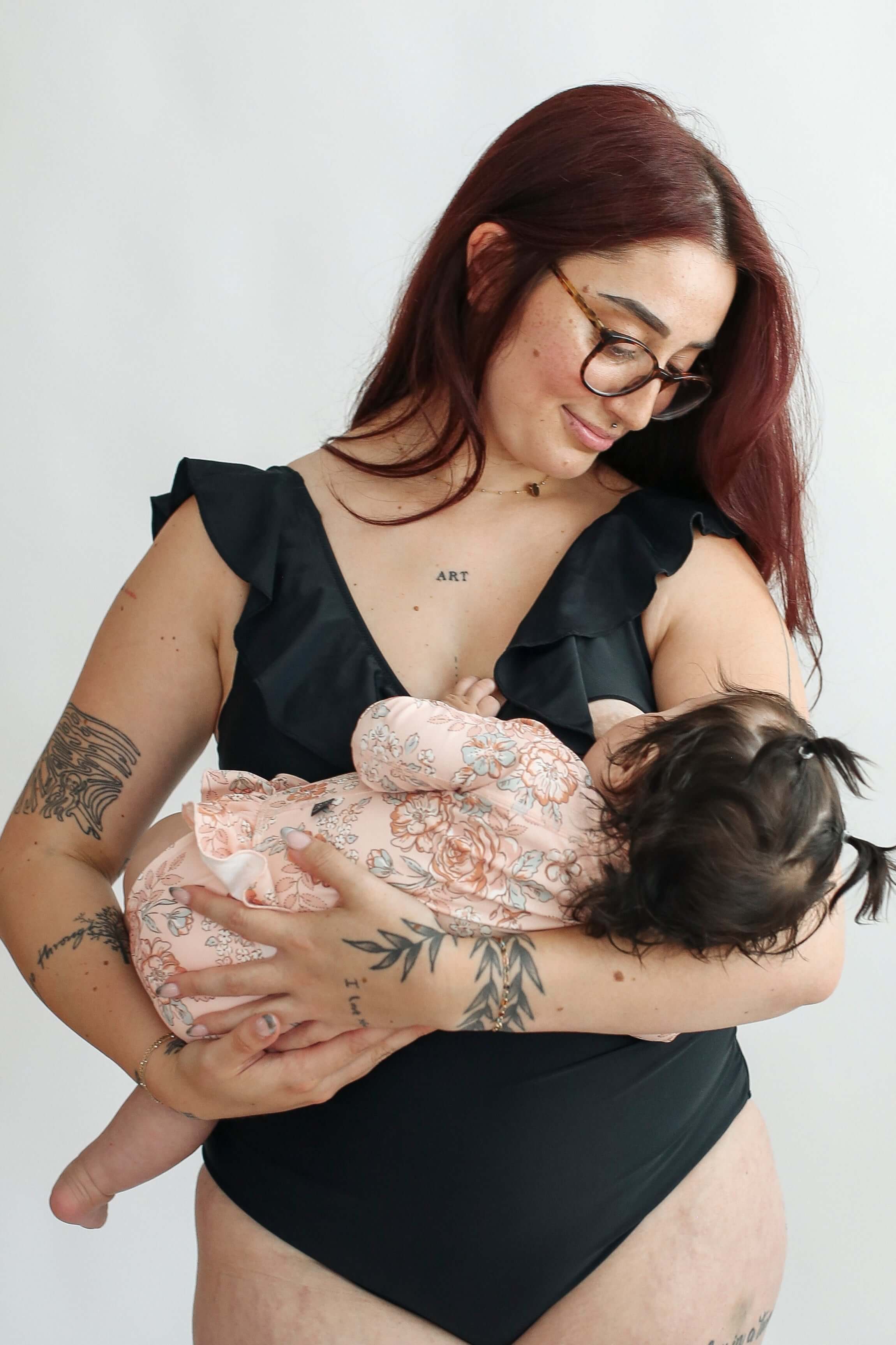 Lace Up Ruffle Neck One Piece Breastfeeding Swimsuit | Milk & Baby