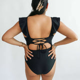 Lace Up Ruffle Neck One Piece Breastfeeding Swimsuit | Milk & Baby
