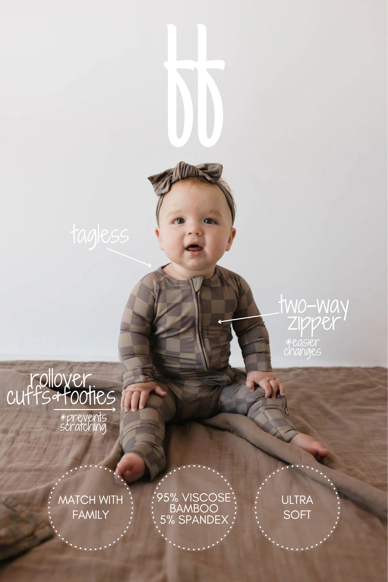 Faded Brown Checkerboard | Bamboo Zip Pajamas | Milk & Baby