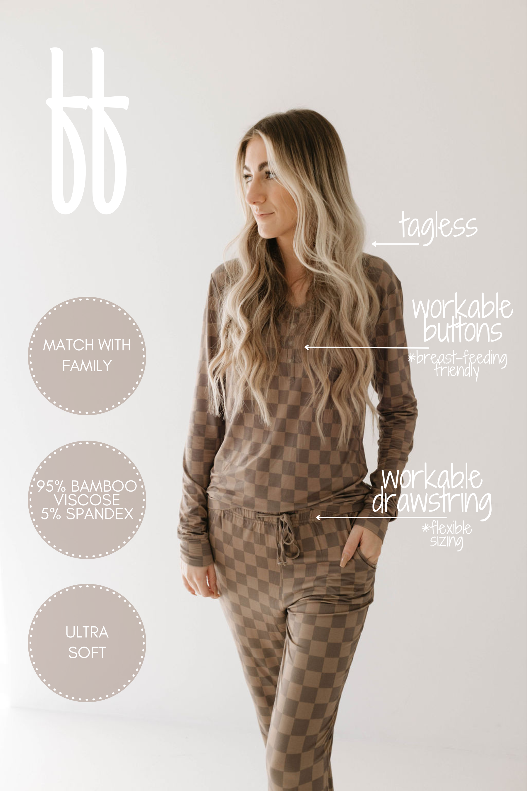 Faded Brown Checkerboard | Women's Bamboo Pajamas | Milk & Baby