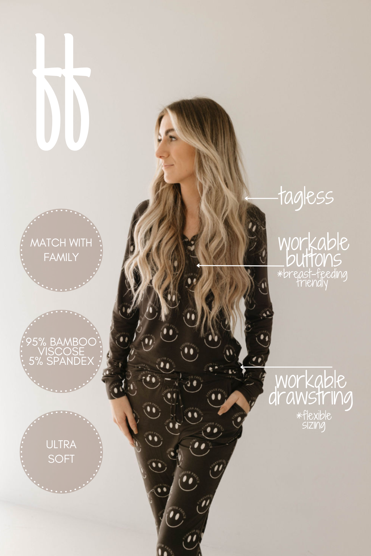 Charcoal & White ff Smile | Women's Bamboo Pajamas | Milk & Baby
