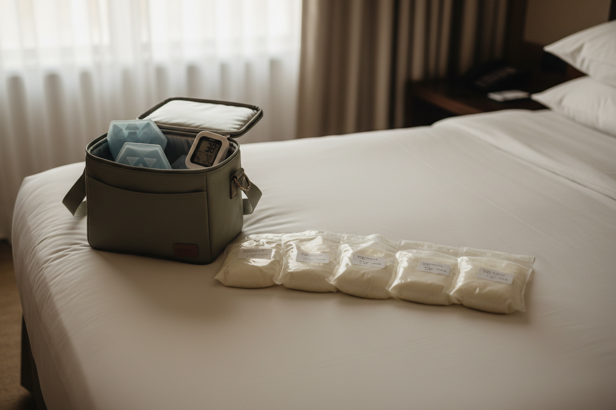 Breast milk travel storage essentials including labeled storage bags, insulated cooler, ice packs, and thermometer on a neutral hotel surface