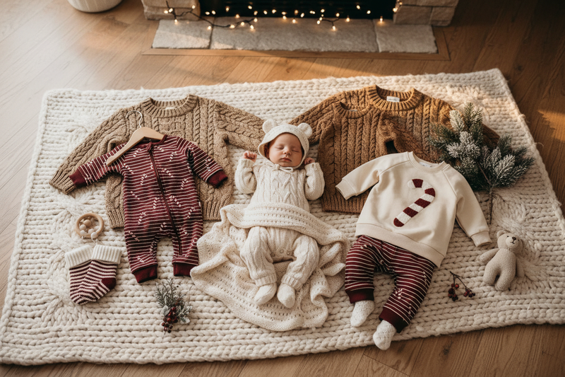 Baby wearing a holiday outfit with a Christmas tree design, part of the Winter & Holiday Collection 2025.