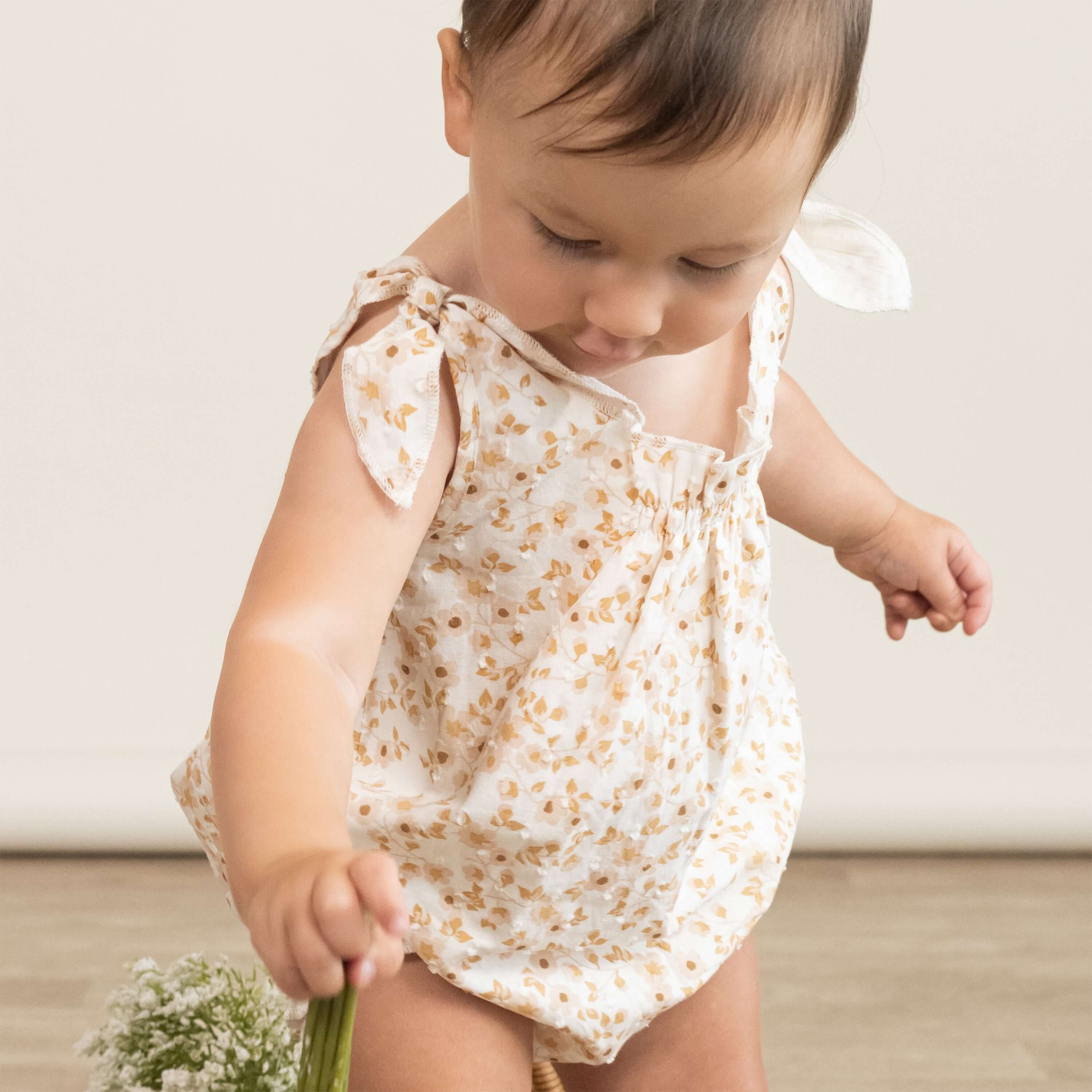 Organic Tie Shoulder Bubble Romper | Gardenia | Milk & Baby