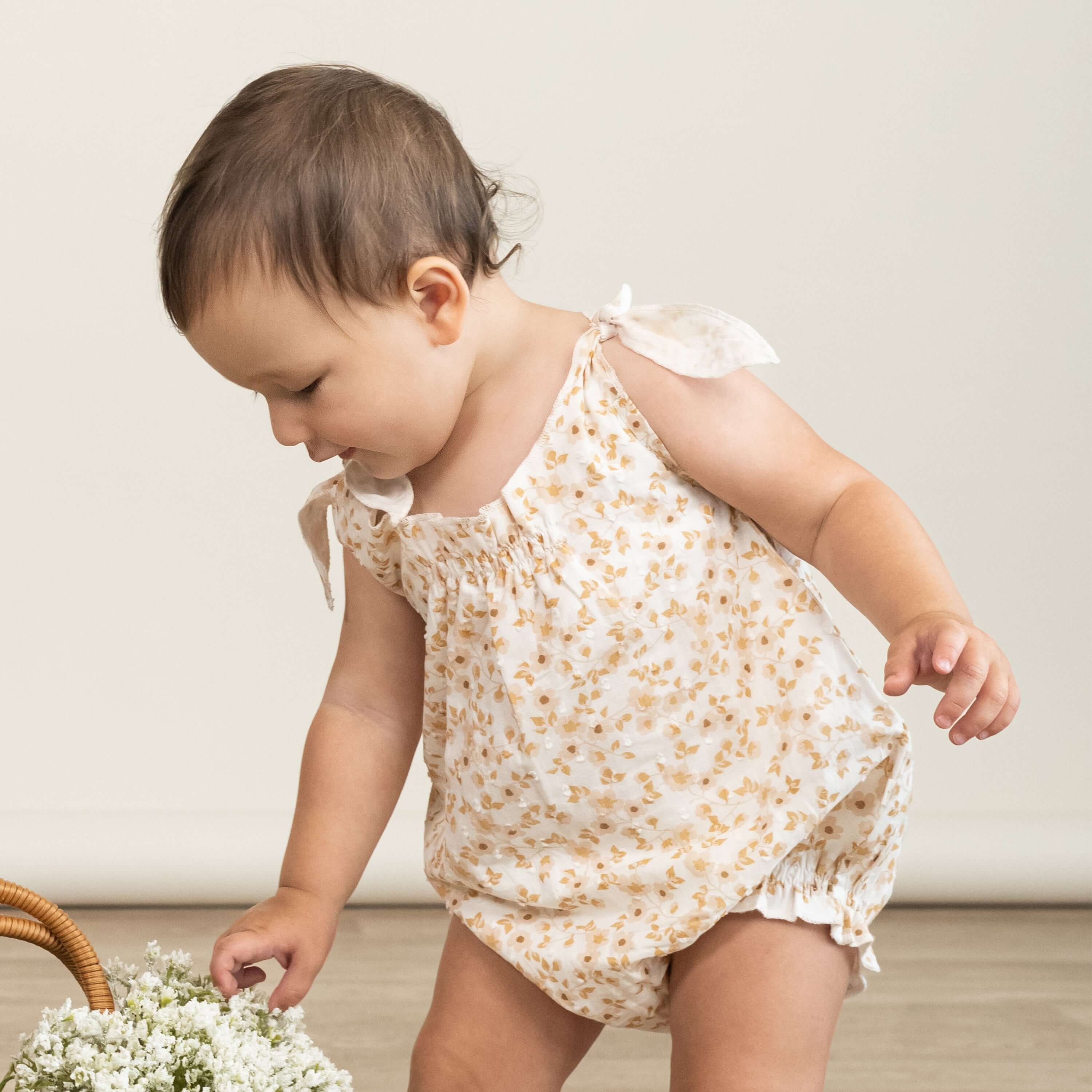 Organic Tie Shoulder Bubble Romper | Gardenia | Milk & Baby