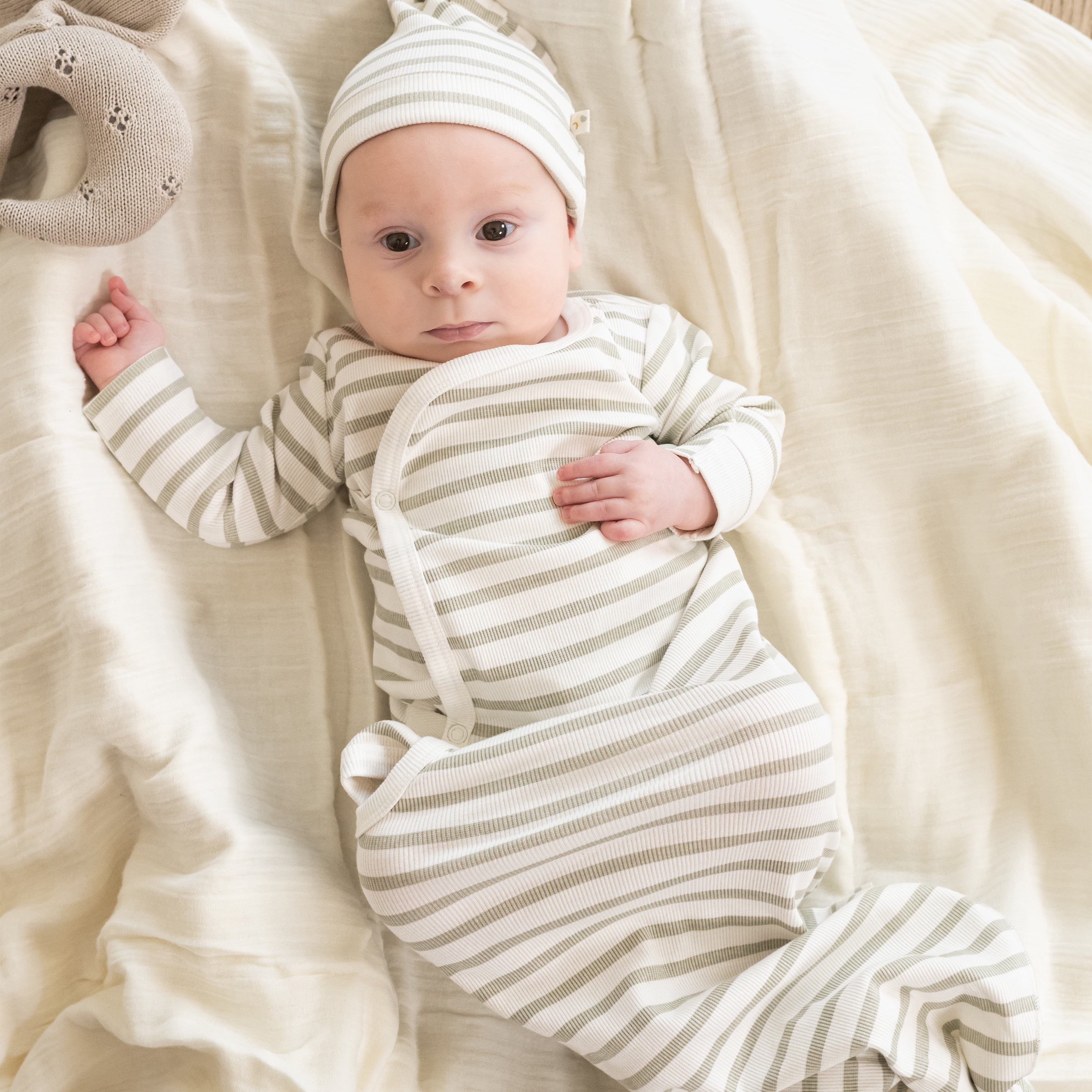 Sage Stripes | Organic Kimono Knotted Sleep Gown | Milk & Baby