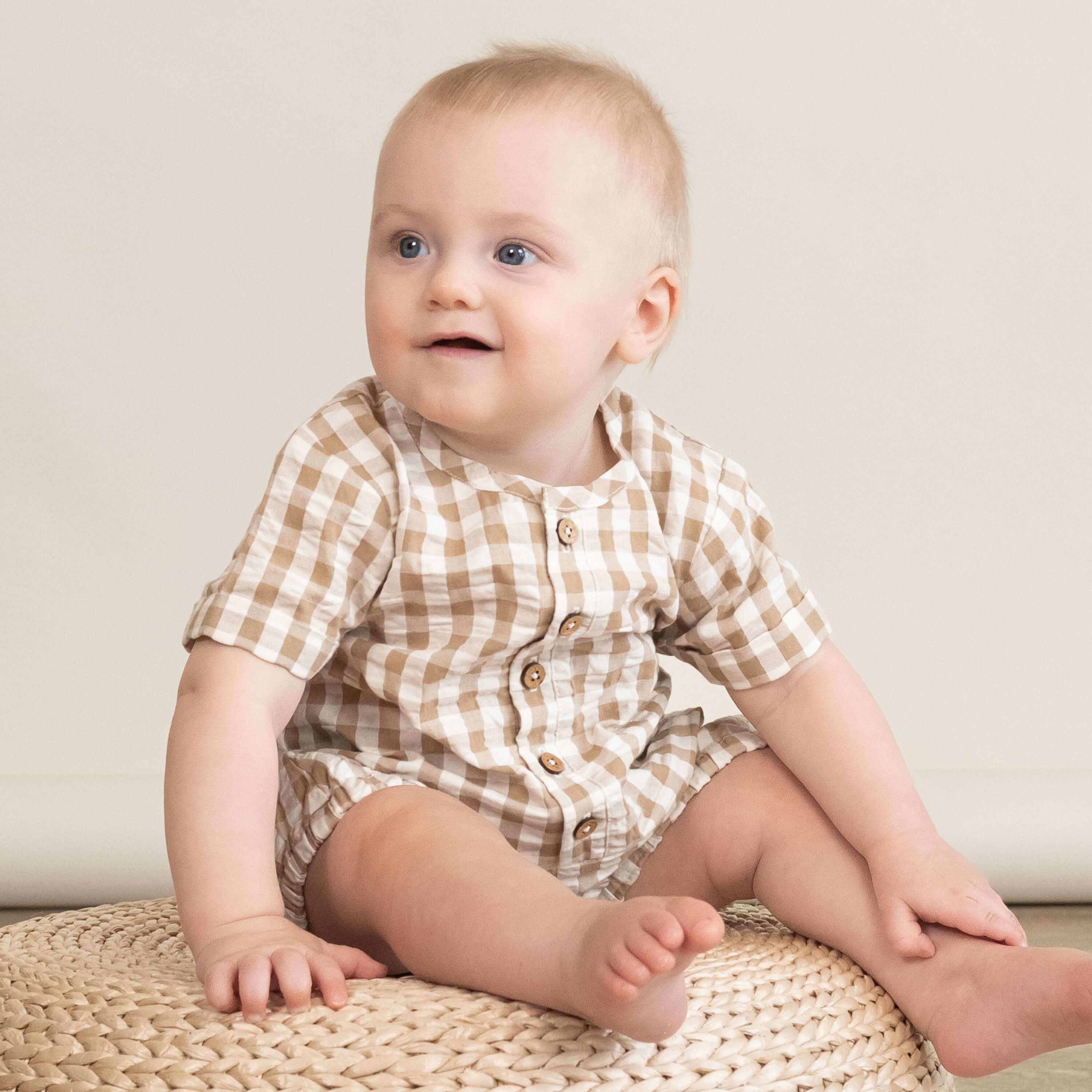 Brown Chequered | Organic Short Bubble Romper | Milk & Baby