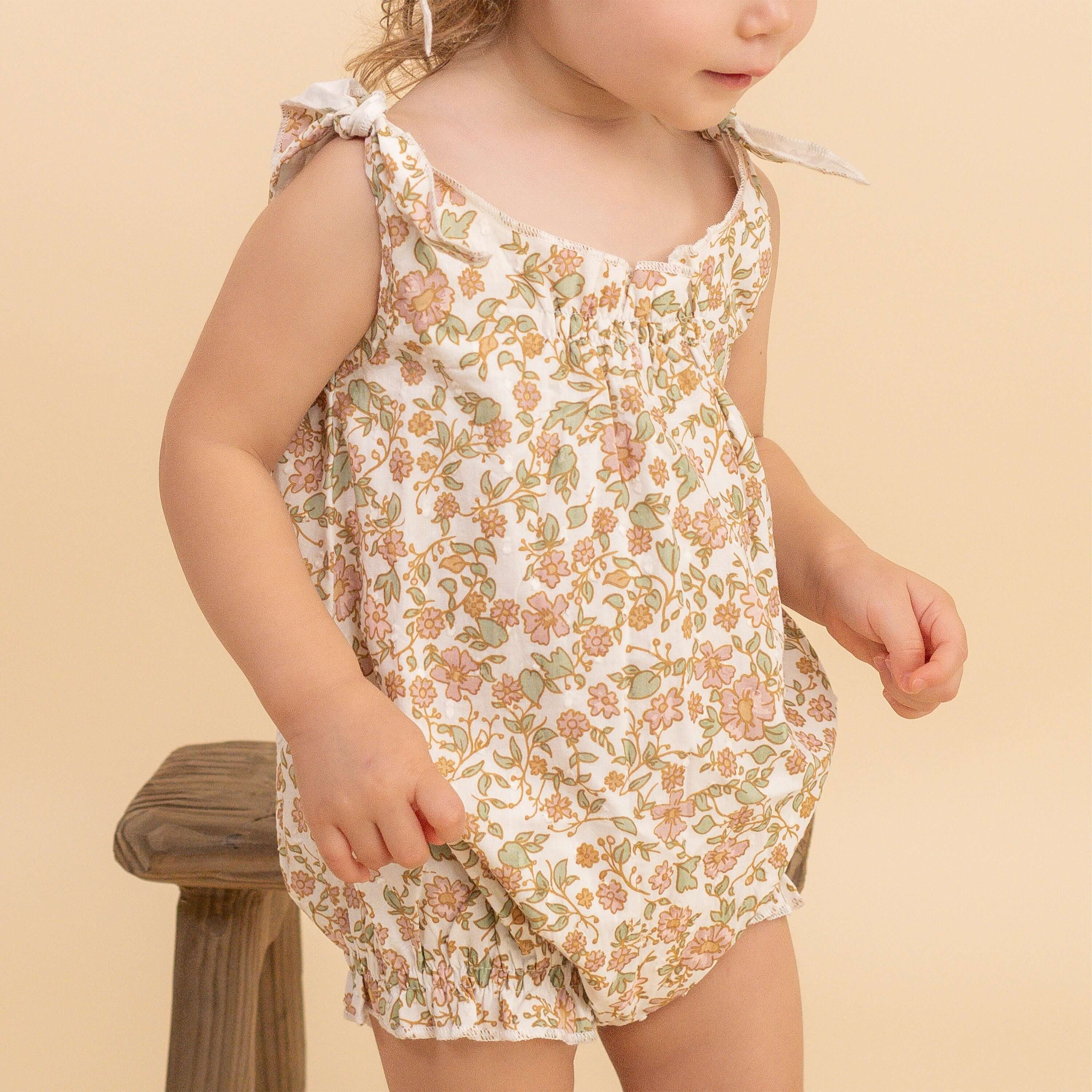 Organic Tie Shoulder Bubble Romper | Tuscan Bloom | Milk & Baby