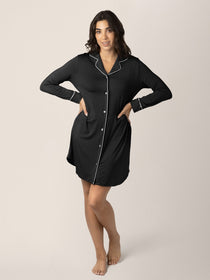 Clea Bamboo Long Sleeve Sleep Shirt | Black | Milk & Baby