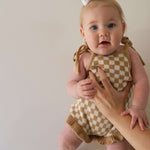 Latte Check | Knit Ruffle Romper | Milk & Baby