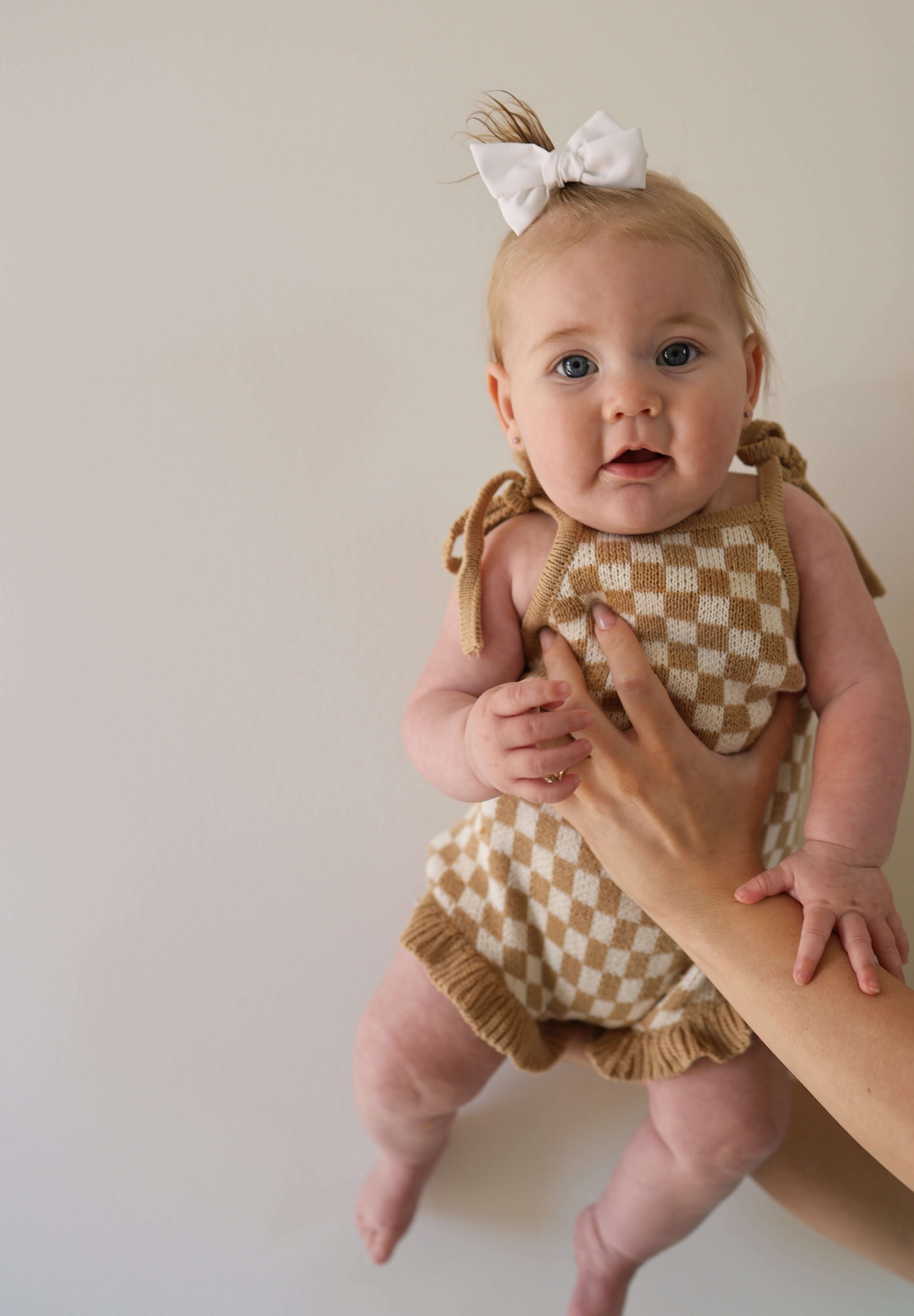 Latte Check | Knit Ruffle Romper | Milk & Baby