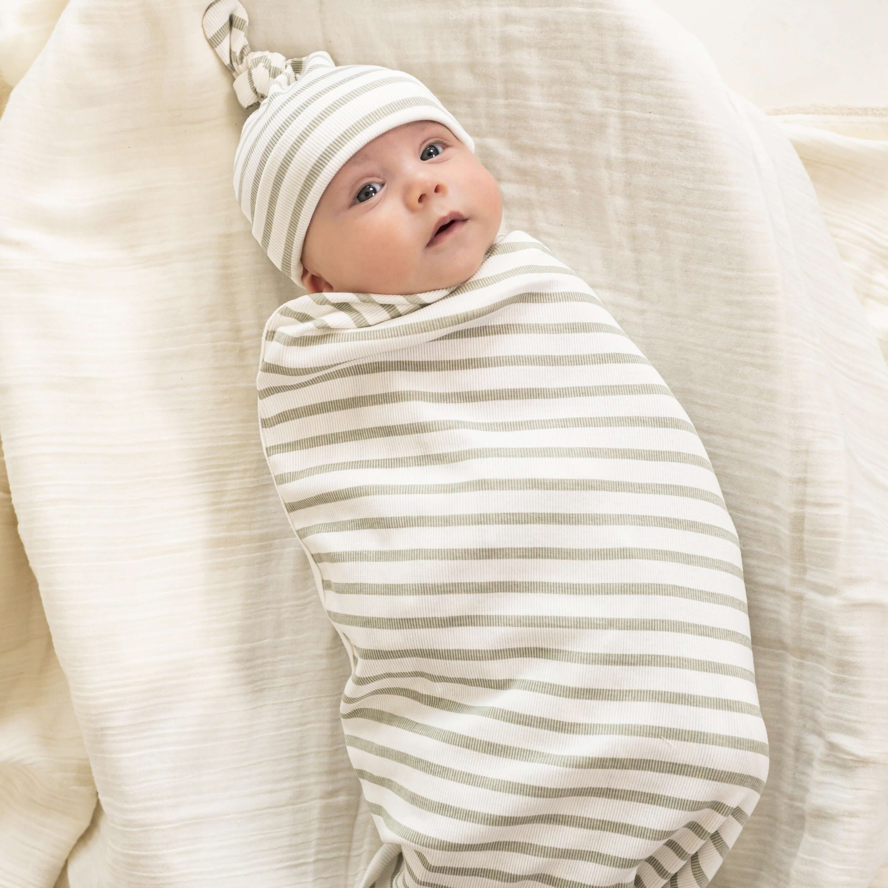 Sage Stripes | Organic Swaddle Blanket & Hat Set | Milk & Baby