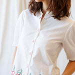 Cherry Cute Button Down blouse with cherry embroidery and puff sleeves, perfect for nursing friendly style.