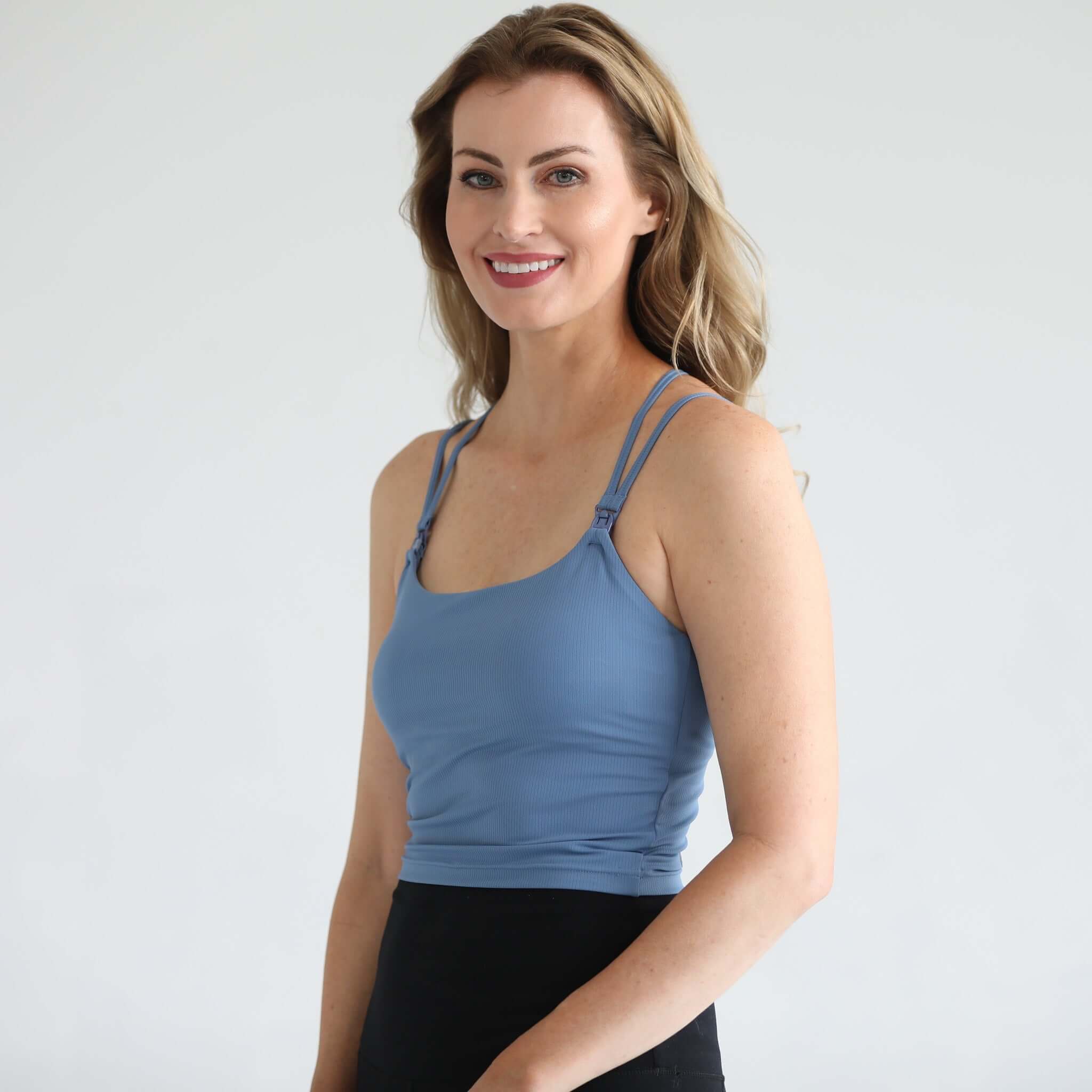 Sienna - Light Support Nursing Crop Tank Bra (Ribbed Ocean Blue) | Milk & Baby