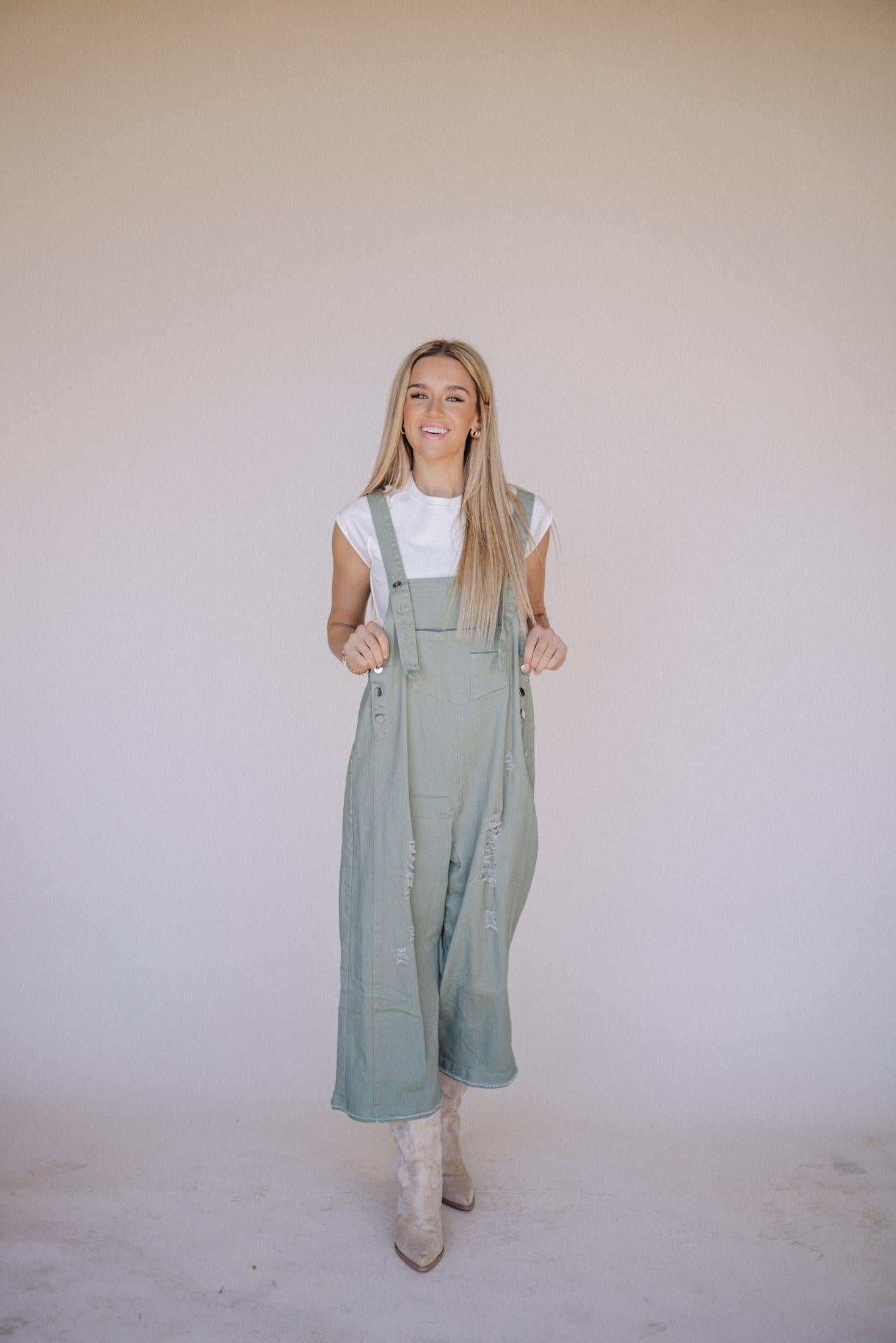 Frankie Denim Overalls in Sage | Milk & Baby
