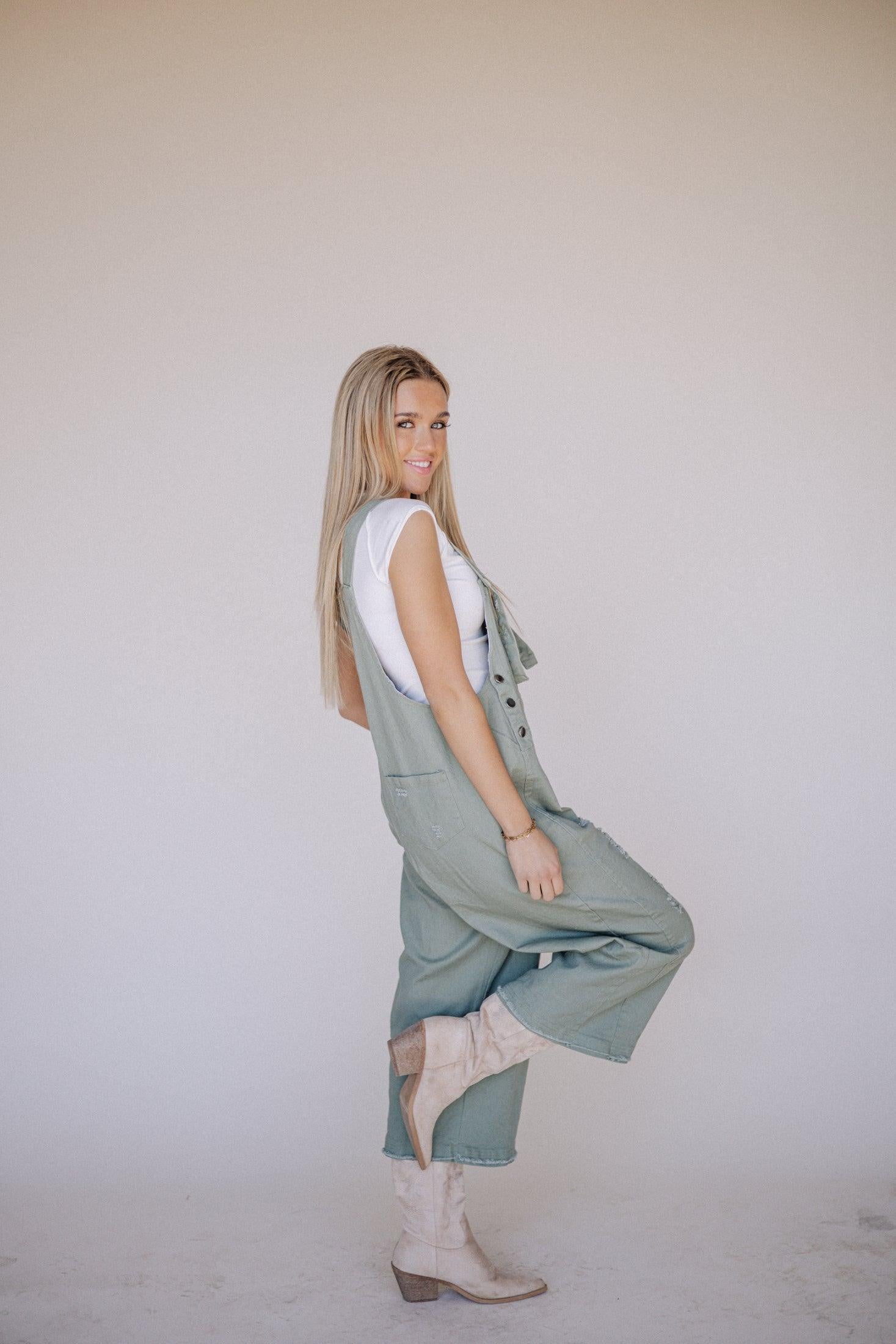 Frankie Denim Overalls in Sage | Milk & Baby