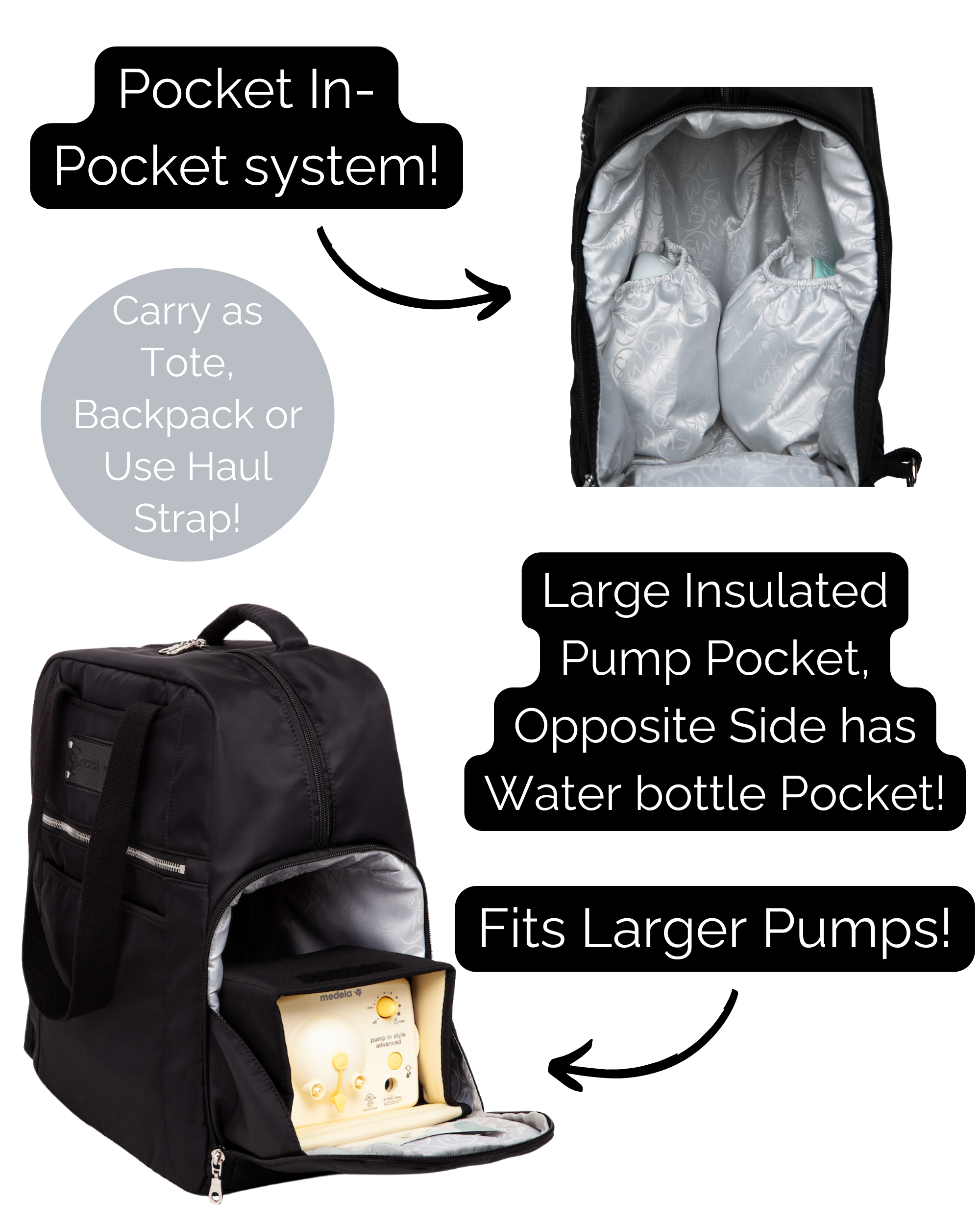 Sarah Wells Kelly Breast Pump Backpack in Black - back view