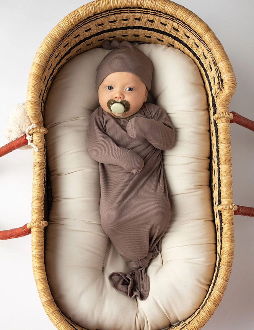 Cocoa Ribbed Knotted Newborn Gown Set | Milk & Baby