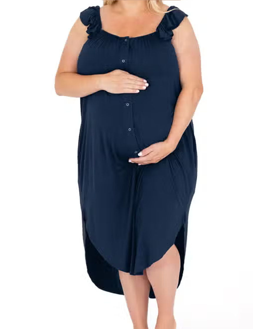 Navy Ruffle Strap Labor & Delivery Gown Milk & Baby