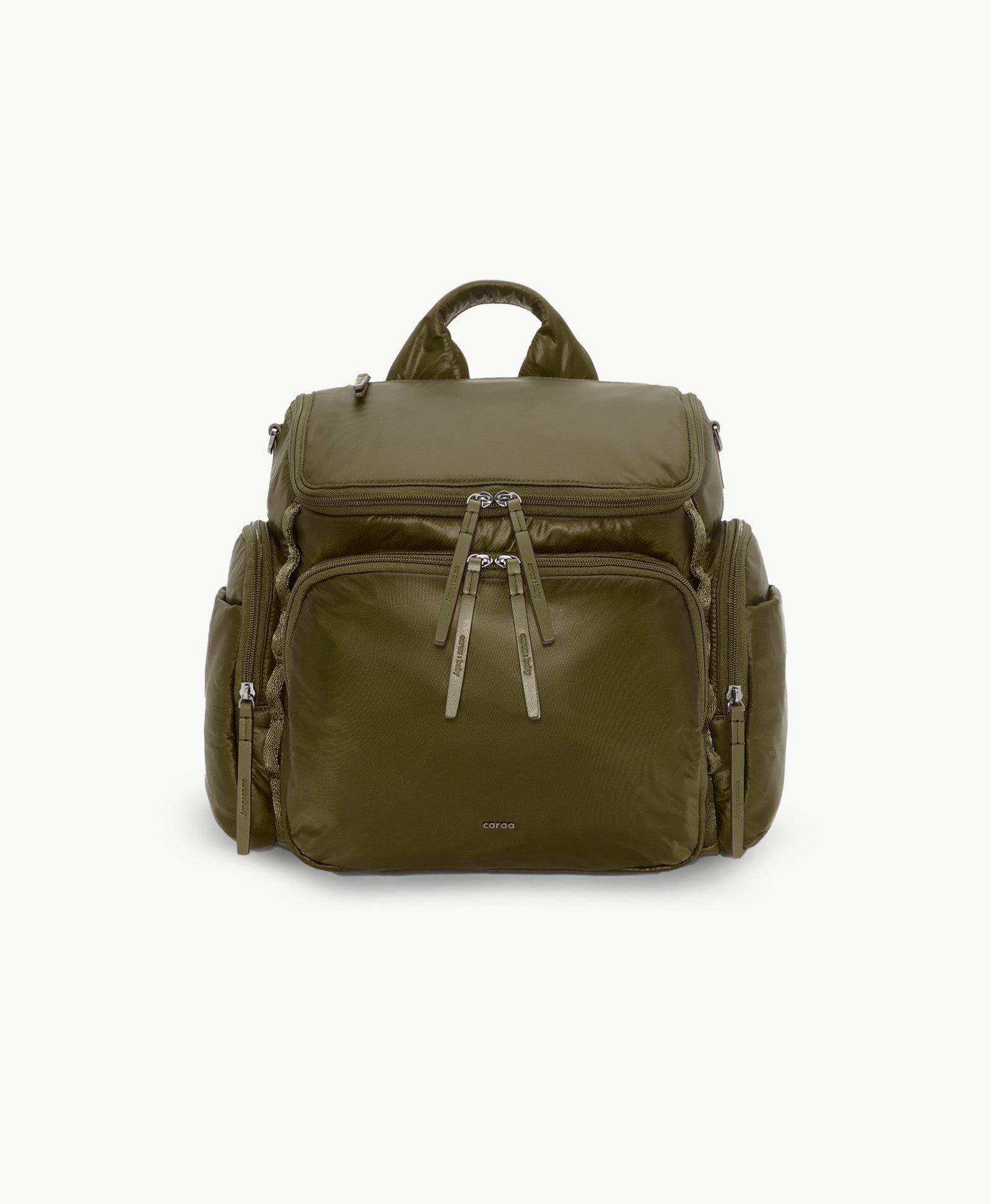 Caraa Baby Bag Medium in Olive Nylon with multiple pockets and waterproof design for parenting needs.