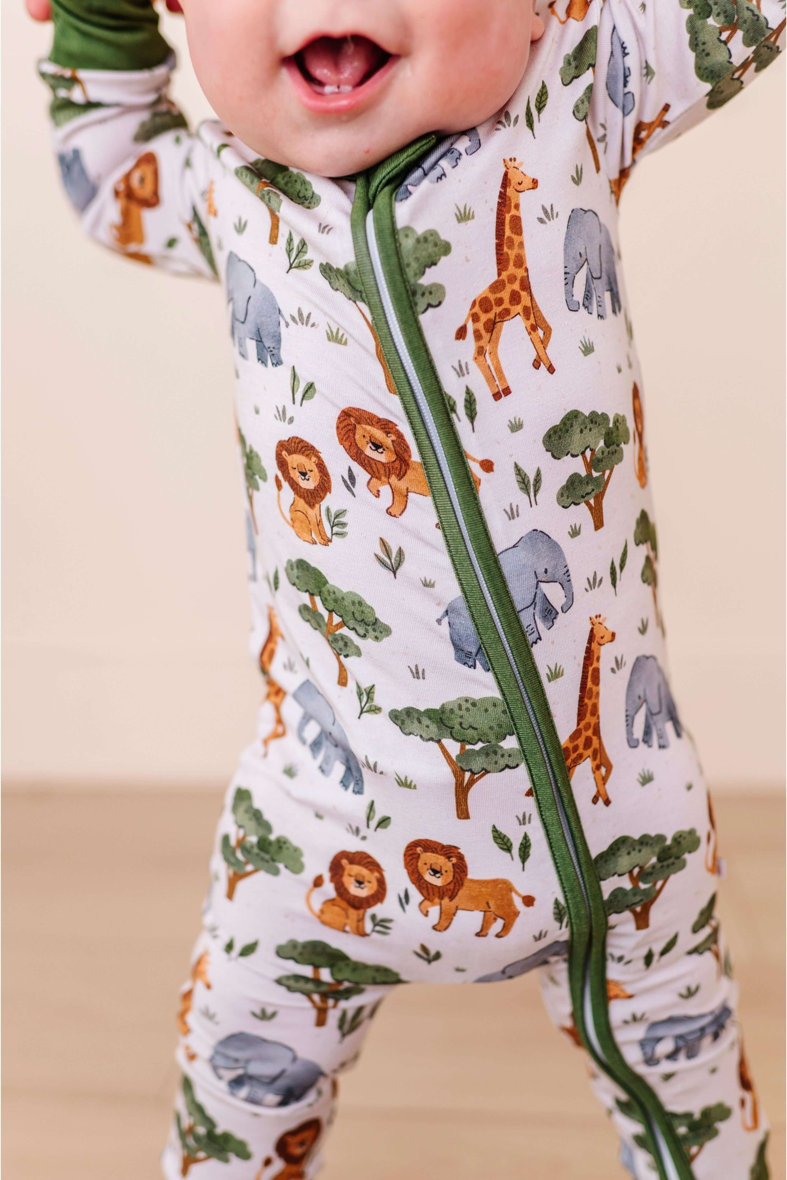 It's a Jungle Out There | Bamboo One Piece Zip Pajama | WHY BIRD & BEAN?Bird & Bean creates premium bamboo pajamas designed for comfort and durability. Made from the highest quality, extra soft bamboo viscose fabric, these baby and kid's pajamas feature a