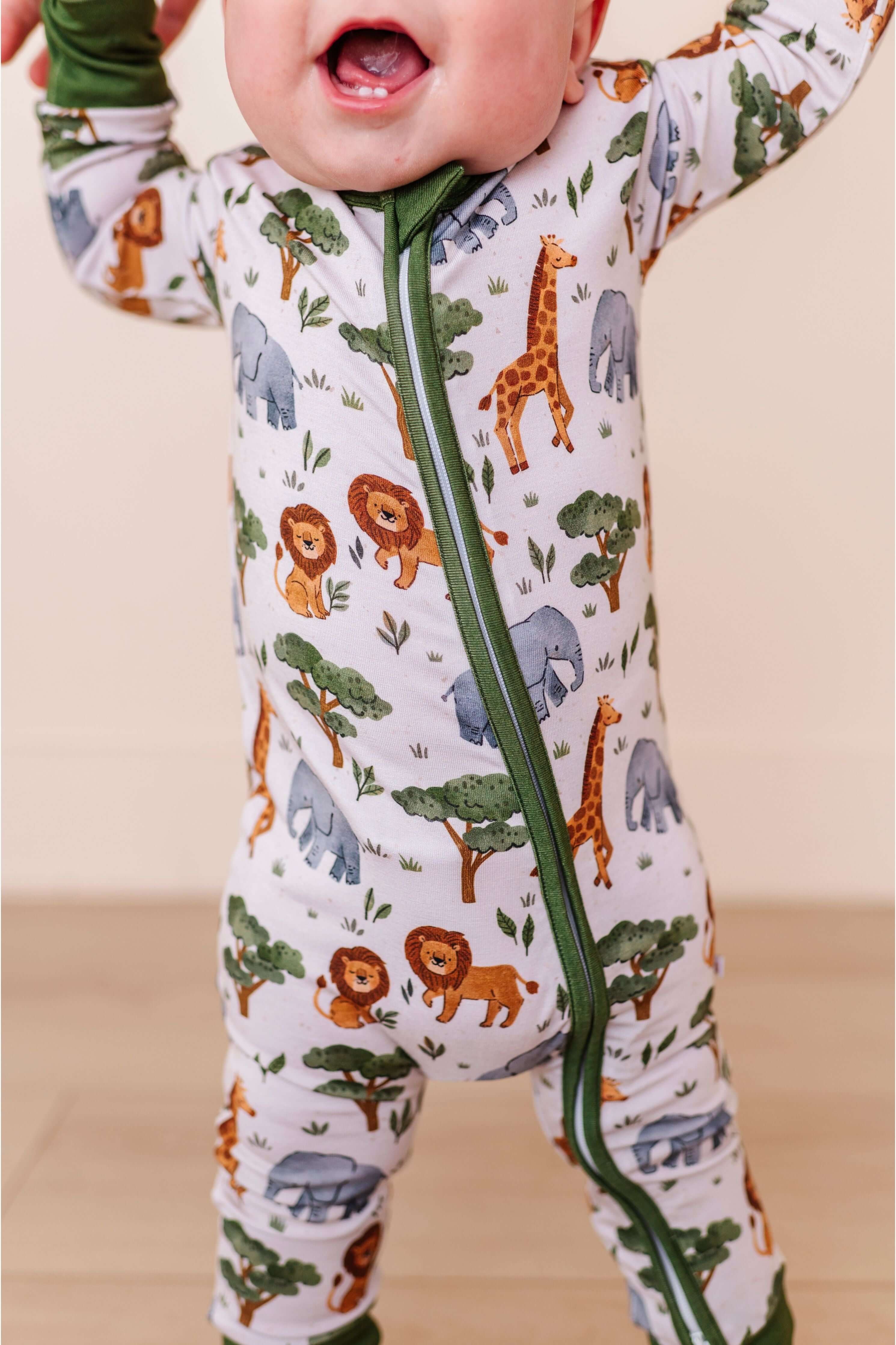 It's a Jungle Out There | Bamboo One Piece Zip Pajama | WHY BIRD & BEAN?Bird & Bean creates premium bamboo pajamas designed for comfort and durability. Made from the highest quality, extra soft bamboo viscose fabric, these baby and kid's pajamas feature a