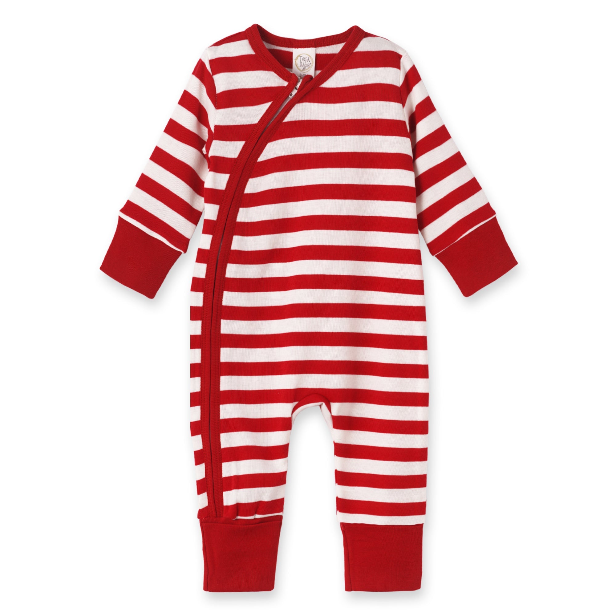 Candy Cane Christmas Stripe Baby Zipper Romper - 100% Cotton | Bring on the cheer with this ultra-soft baby romper in candy cane red stripes! Crafted from 100% cotton with rich yarn-dyed stripes and vibrant red trim, it's the perfect blend of festive and