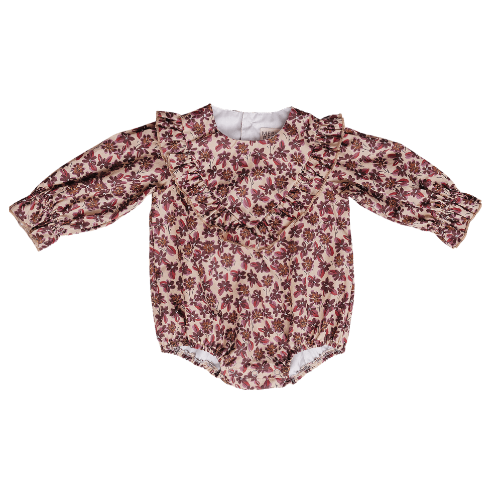 Antique Floral Bubble Romper featuring soft cotton, floral print, long sleeves, and ruffle details for cozy comfort.