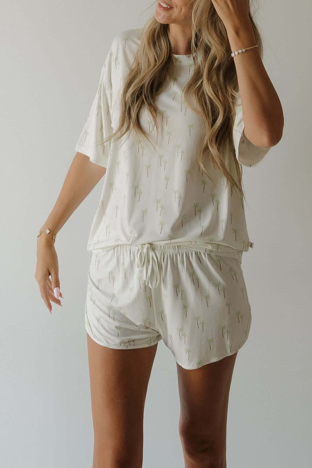 Women's Bamboo Short Set | Palm | Milk & Baby | Made with a soft, premium bamboo blend, this set is perfect for warm weather. It includes an oversized t-shirt and matching drawstring shorts. Designed for all-day comfort and easy wear. Sizes Available: X-S