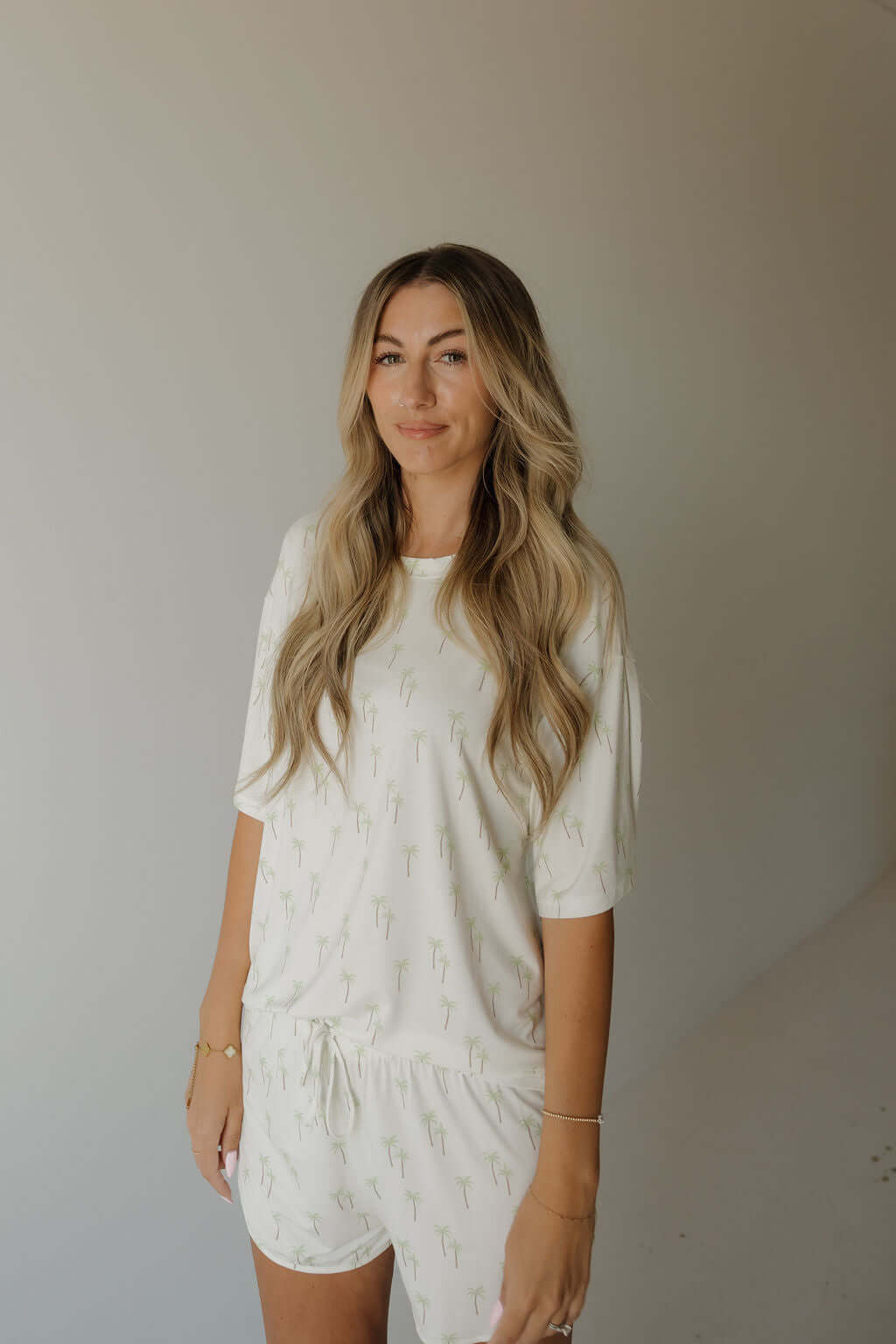 Women's Bamboo Short Set | Palm | Milk & Baby | Made with a soft, premium bamboo blend, this set is perfect for warm weather. It includes an oversized t-shirt and matching drawstring shorts. Designed for all-day comfort and easy wear. Sizes Available: X-S
