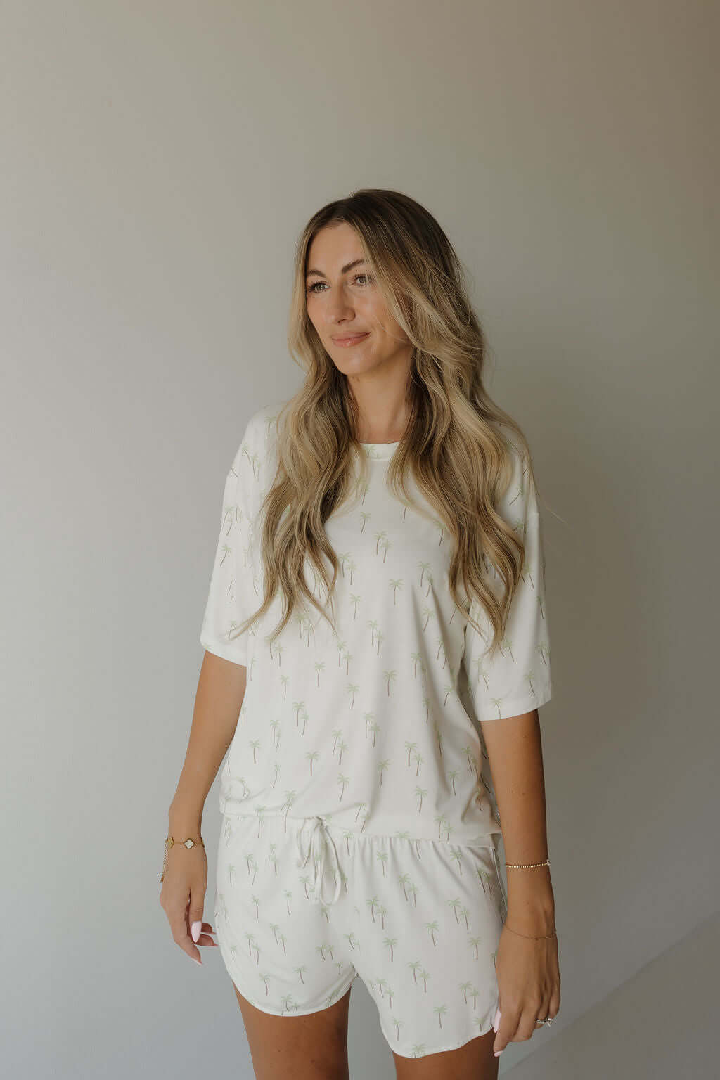 Women's Bamboo Short Set | Palm | Milk & Baby | Made with a soft, premium bamboo blend, this set is perfect for warm weather. It includes an oversized t-shirt and matching drawstring shorts. Designed for all-day comfort and easy wear. Sizes Available: X-S