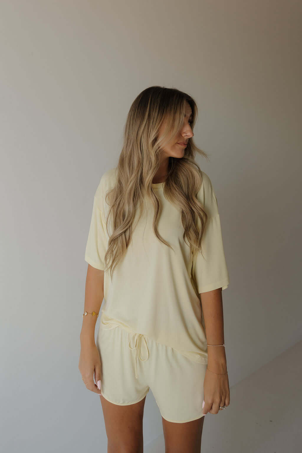 Women's Bamboo Short Set | Sunny | Milk & Baby | Made with a soft, premium bamboo blend, this set is perfect for warm weather. It includes an oversized t-shirt and matching drawstring shorts. Designed for all-day comfort and easy wear. Sizes Available: X-