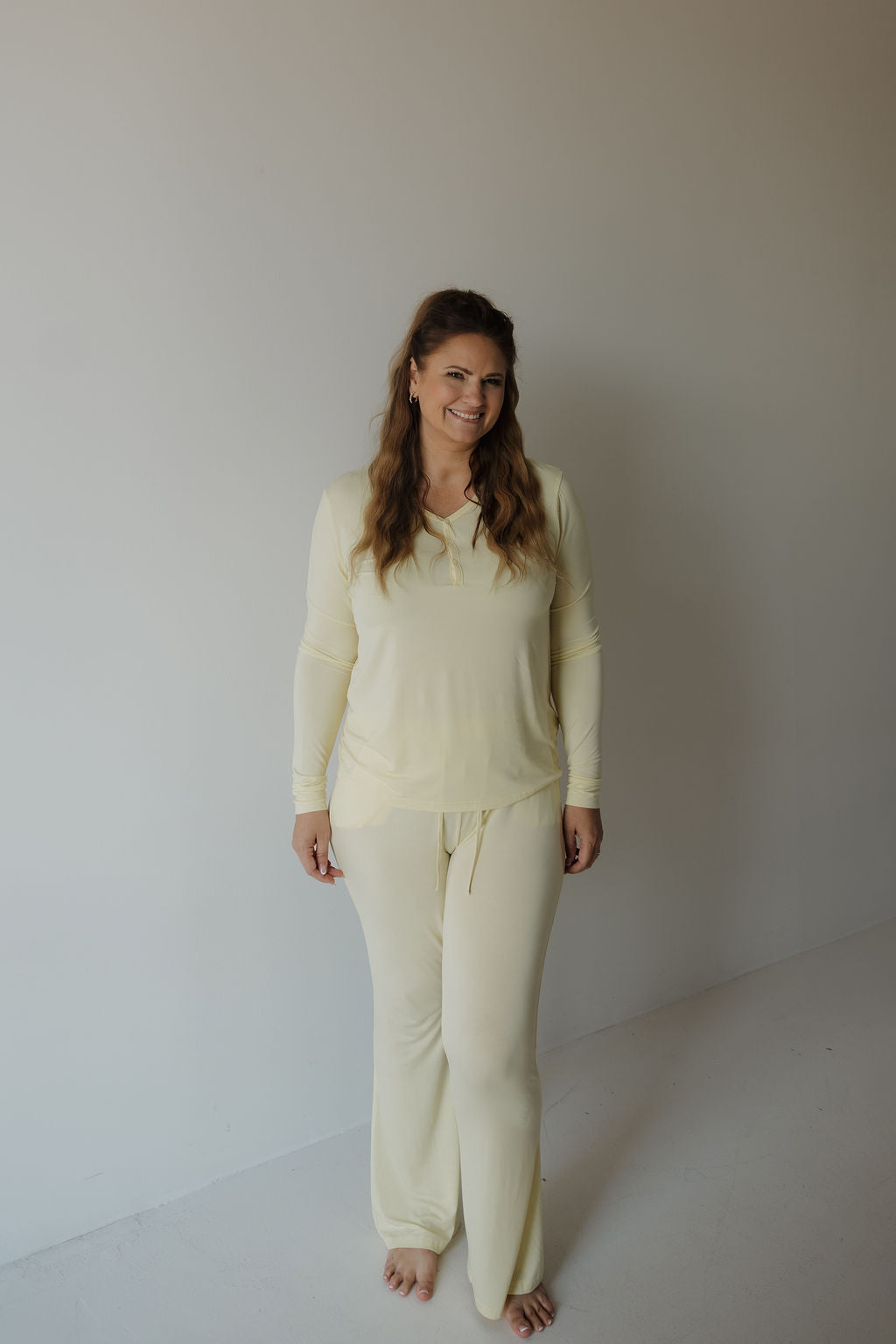 Sunny | Women's Long Sleeve Bamboo Pajama | Milk & Baby | Everyone's favorite bamboo women's pajamas, featuring a long-sleeve top with three buttons and a slight flared pant. Be sure to look at our matching baby and toddler pajamas in this charming print!