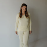 Sunny | Women's Long Sleeve Bamboo Pajama | Milk & Baby | Everyone's favorite bamboo women's pajamas, featuring a long-sleeve top with three buttons and a slight flared pant. Be sure to look at our matching baby and toddler pajamas in this charming print!