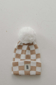 ff Knit Pom Top Beanie | Tan Checkerboard | Milk & Baby