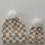 Adult ff Knit Pom Top Beanie | Tan Checkerboard | Milk & Baby
