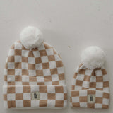Adult ff Knit Pom Top Beanie | Tan Checkerboard | Milk & Baby