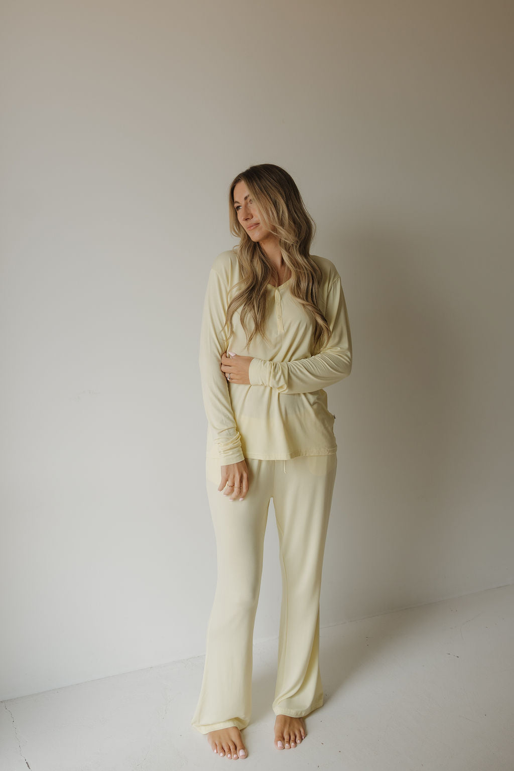 Sunny | Women's Long Sleeve Bamboo Pajama | Milk & Baby | Everyone's favorite bamboo women's pajamas, featuring a long-sleeve top with three buttons and a slight flared pant. Be sure to look at our matching baby and toddler pajamas in this charming print!