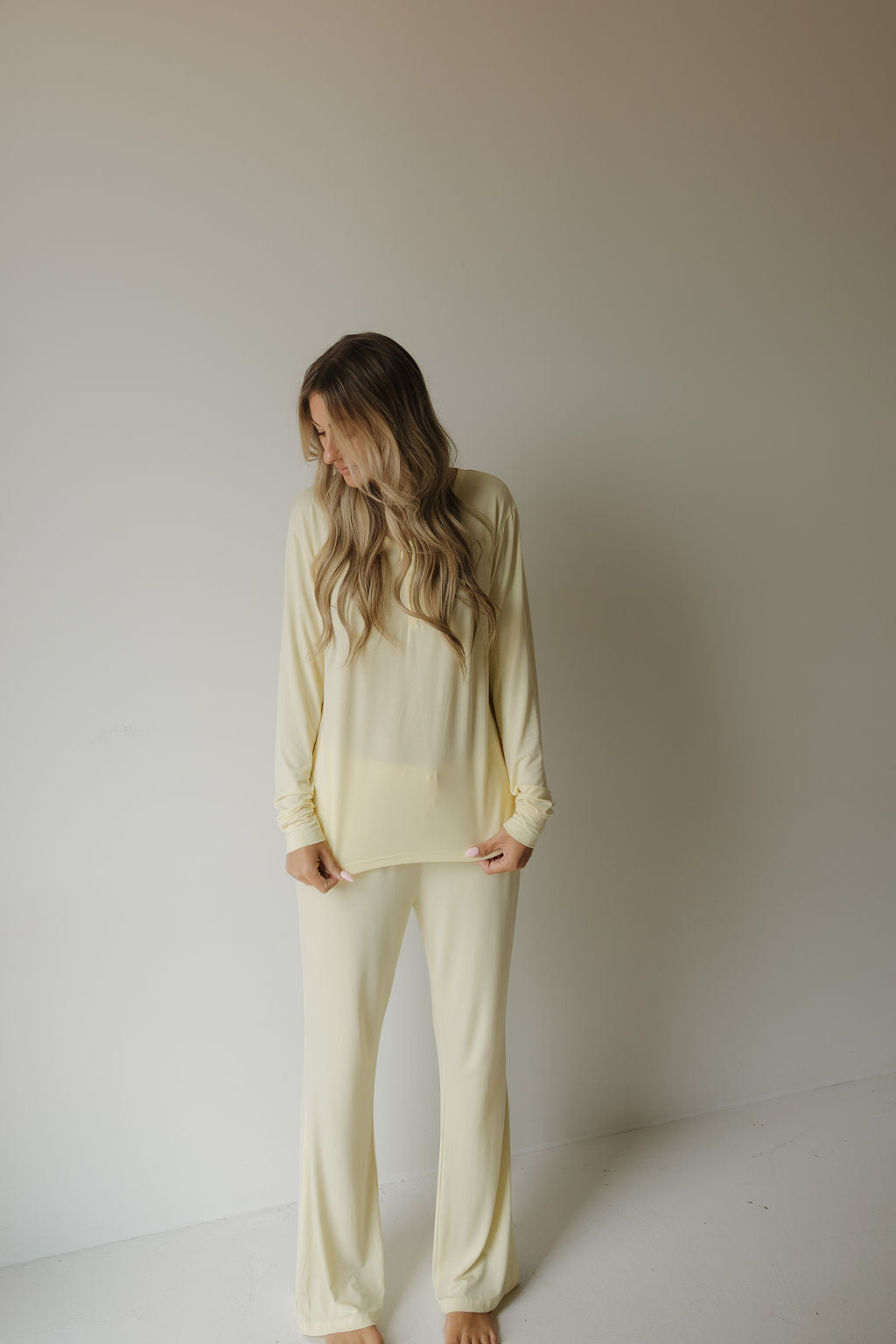 Sunny | Women's Long Sleeve Bamboo Pajama | Milk & Baby | Everyone's favorite bamboo women's pajamas, featuring a long-sleeve top with three buttons and a slight flared pant. Be sure to look at our matching baby and toddler pajamas in this charming print!