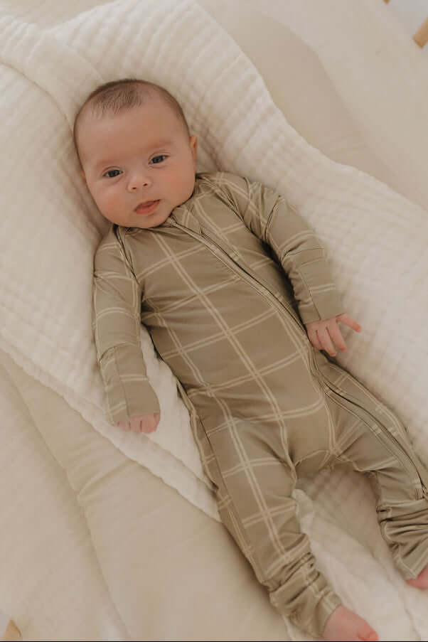 Linen Grid | Bamboo Zip Pajamas | Snuggle into our Bamboo Zip Pajamas made from soft bamboo. Perfect for play and sleep, with options for footed or footless styles! | Milk & Baby