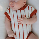Picnic Pinstripe | Knit Romper with warm neutral checkerboard print and snap closures for comfort.