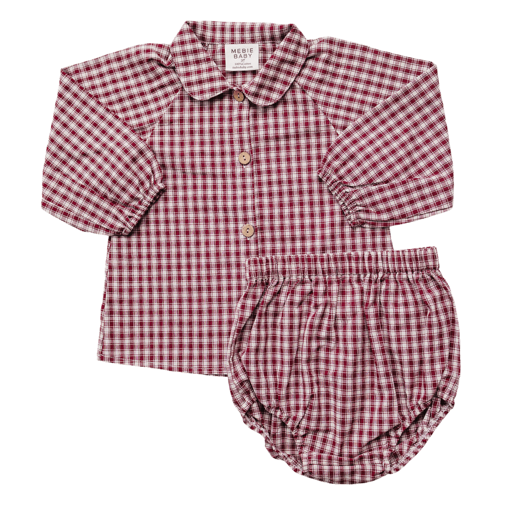 Red Gingham Peter Pan Collar Bloomer Set featuring a classic long-sleeve shirt and matching bloomers.