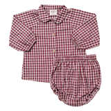 Red Gingham Peter Pan Collar Bloomer Set featuring a classic long-sleeve shirt and matching bloomers.
