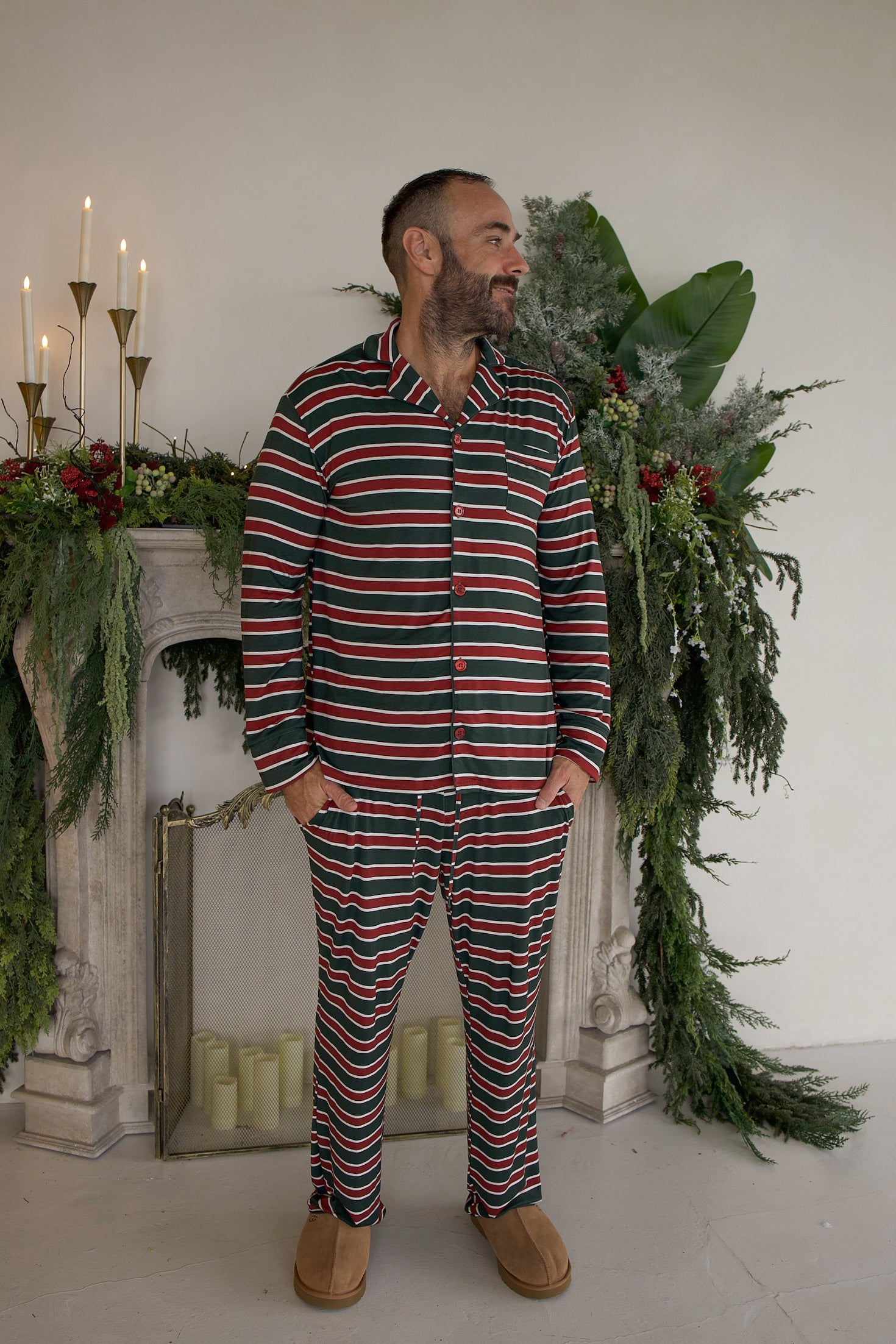 Holiday Stripe | Men's Bamboo Button Up Lounge Set