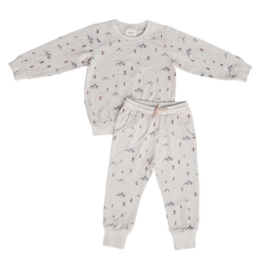 Mebie Baby Skier French Terry Set featuring a ski print, cozy and breathable fabric for little ones.