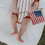 Picnic Pinstripe | Knit Romper on a baby holding a small American flag, showcasing a cozy summer vibe.