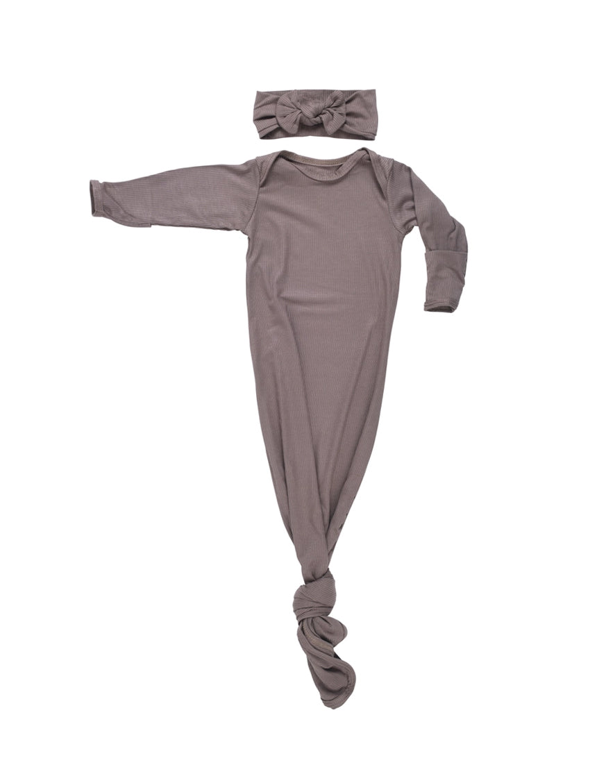 Cocoa Ribbed Knotted Newborn Gown Set | Milk & Baby