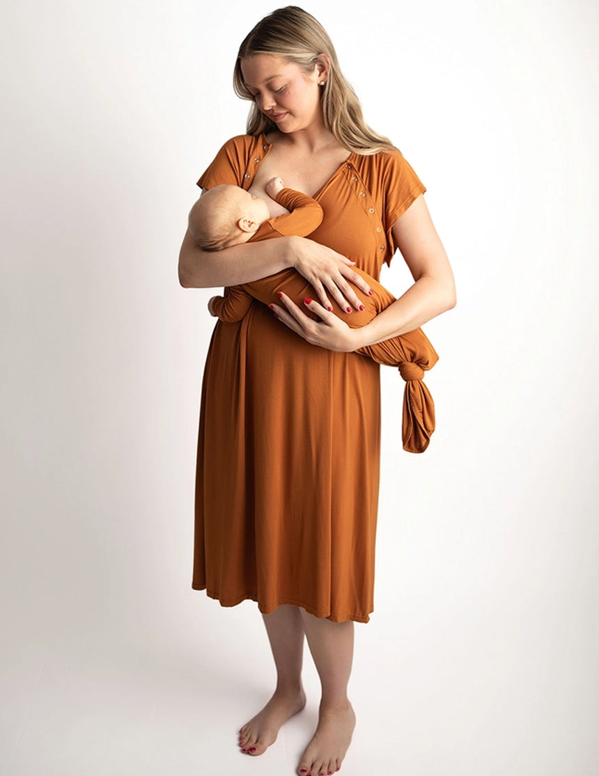Mommy & Baby Knotted Gown Hospital Bundle | Saddle | Milk & Baby