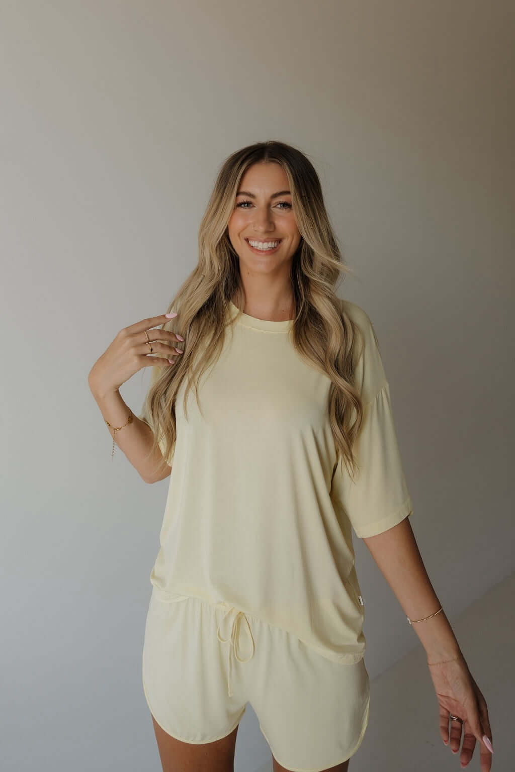Women's Bamboo Short Set | Sunny | Milk & Baby | Made with a soft, premium bamboo blend, this set is perfect for warm weather. It includes an oversized t-shirt and matching drawstring shorts. Designed for all-day comfort and easy wear. Sizes Available: X-