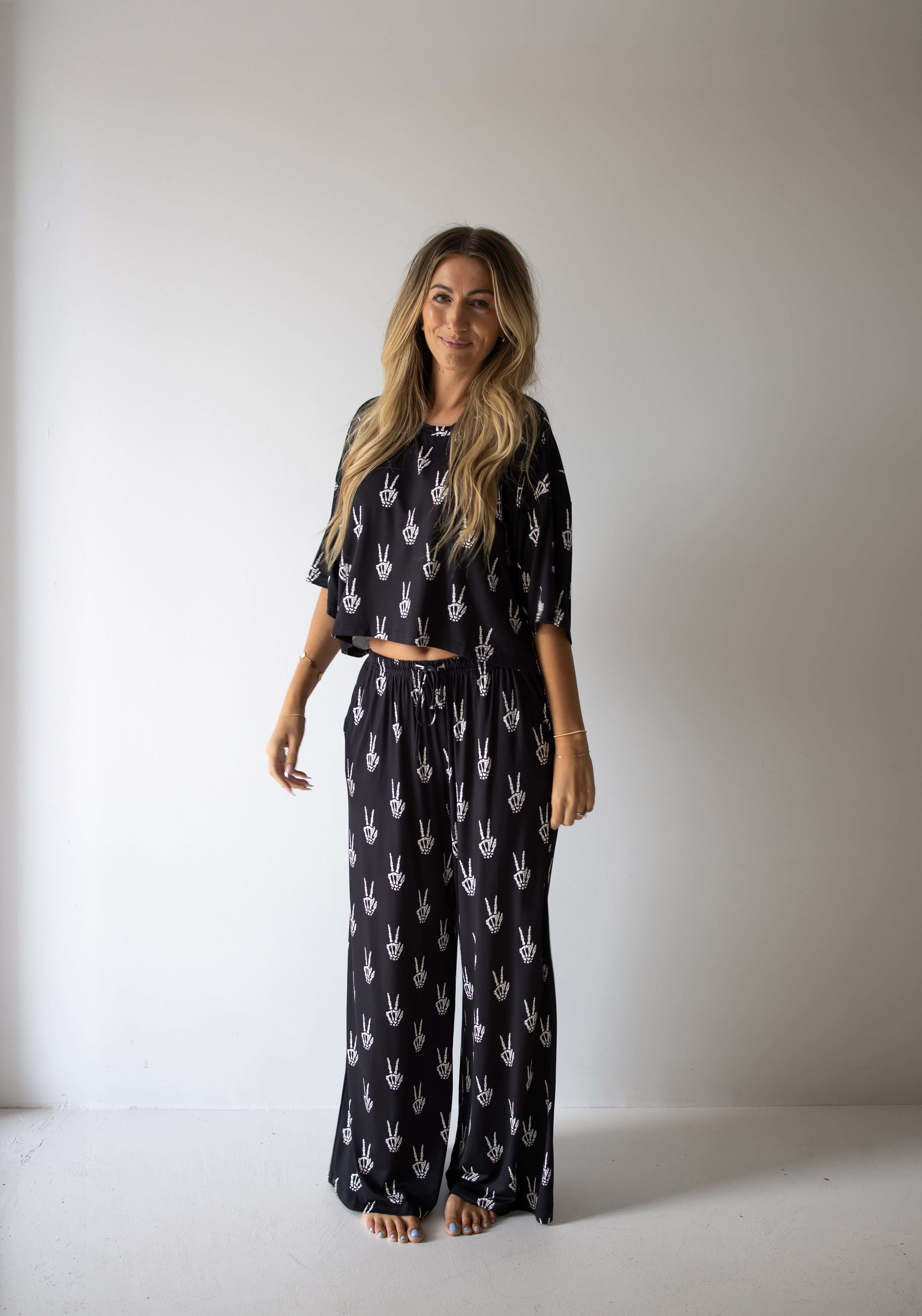 Midnight Skelly | Women's Bamboo Crop Tee Lounge Set | Discover the Women's Bamboo Lounge Set! Enjoy breathable, flattering styles perfect for lounging in comfort and style. | Milk & Baby